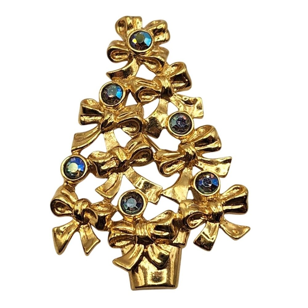 Vintage Avon Signed Gold Christmas Tree Brooch Blue AB Rhinestones Holiday Pin